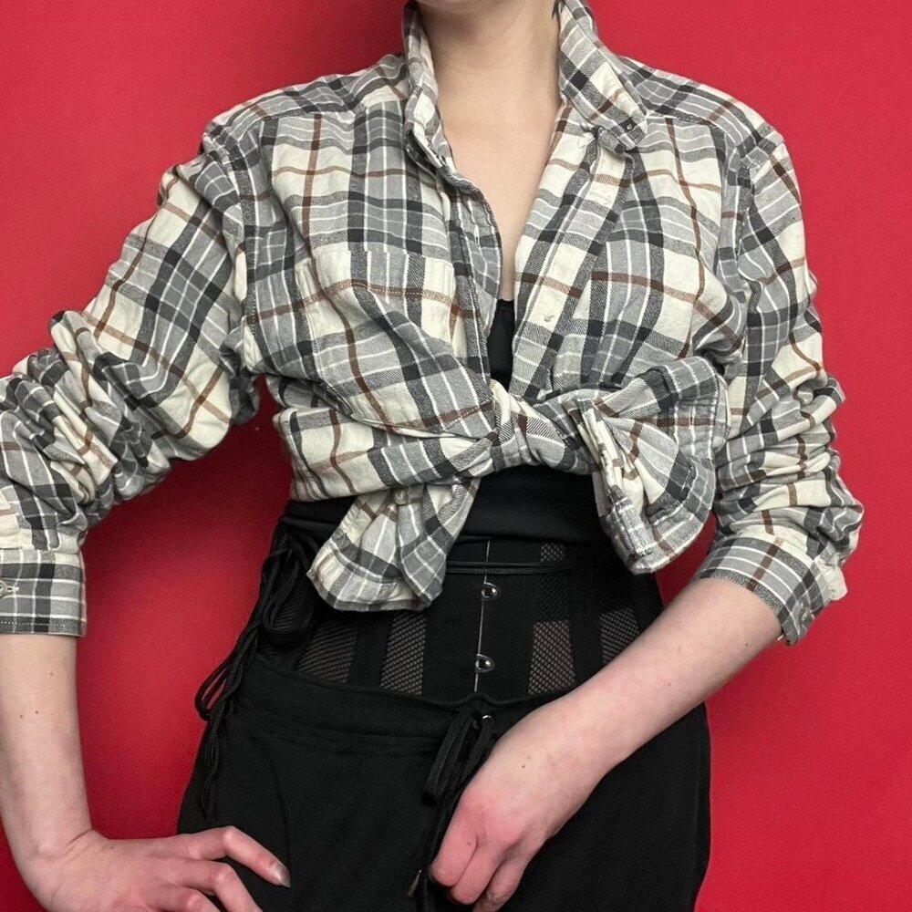 Eddie Bauer Gray and Cream Plaid Blouse